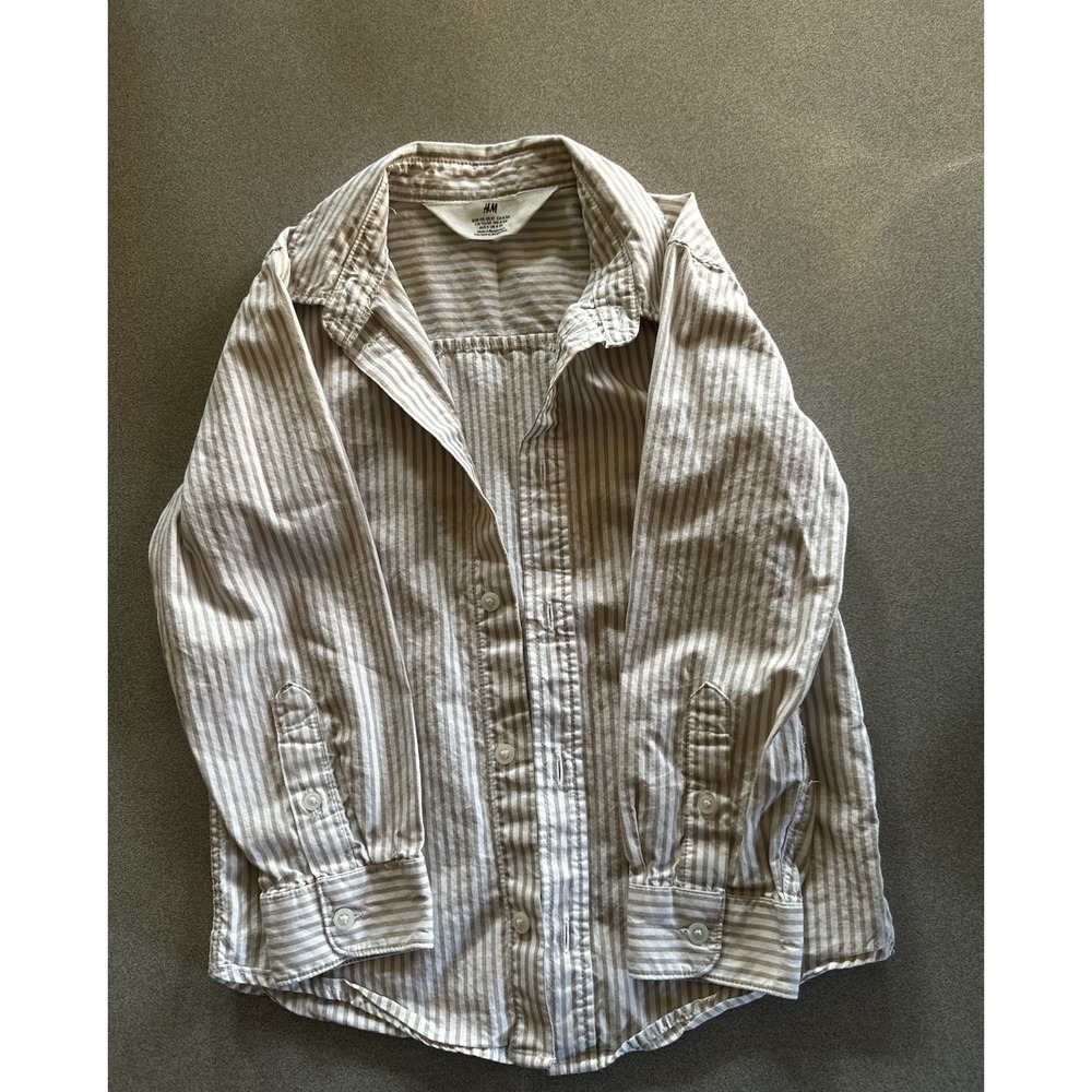 H&M Boys 5T Long Sleeve Button Up Collared Shirt White Tan Stripe 100% Cotton - Picture 2 of 4
